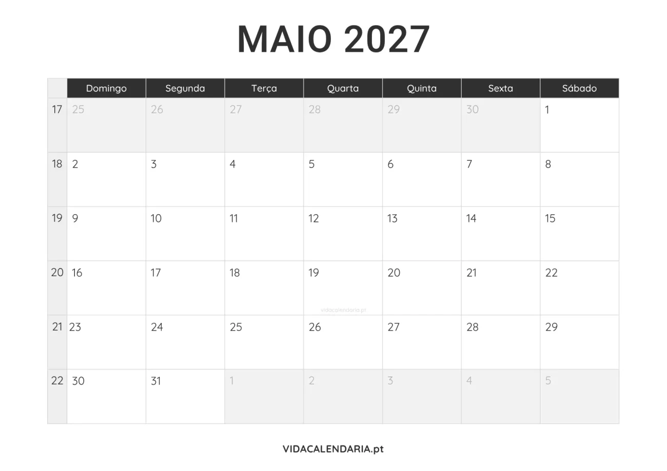 calendário maio 2027 PDF para imprimir minimalista (Brasileiro)