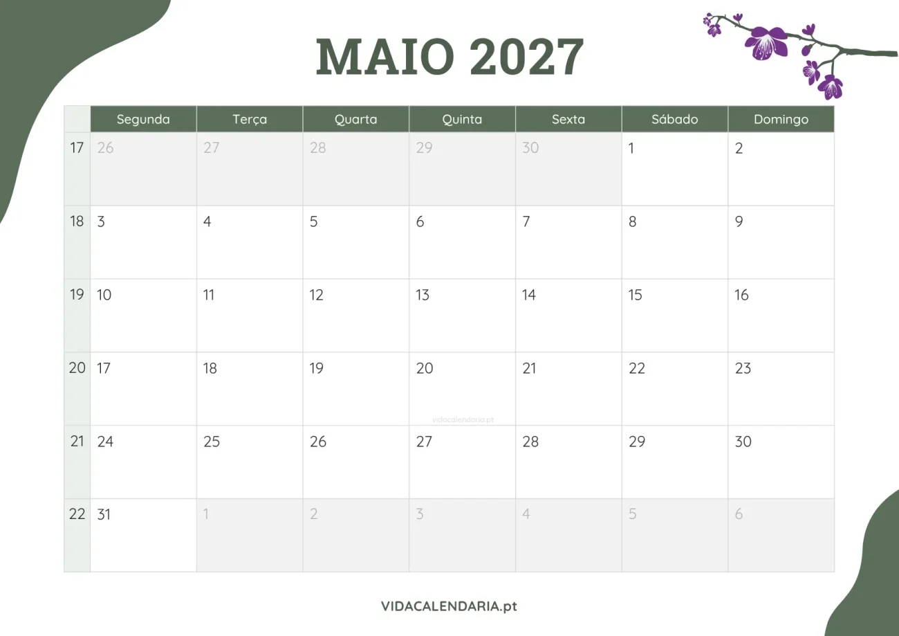 calendário maio 2027 com design floral para impressão (Português)