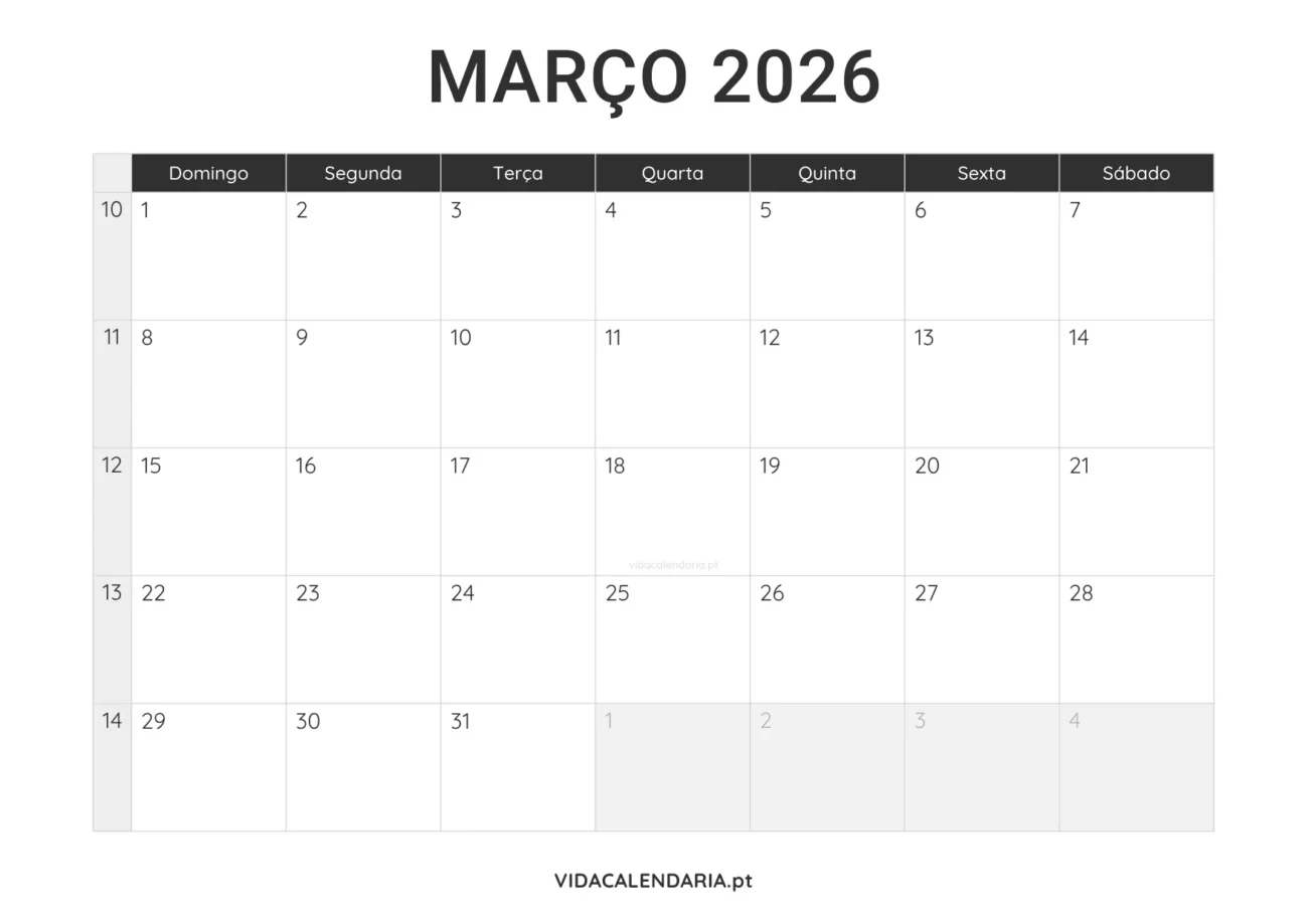 calendário março 2026 PDF para imprimir minimalista (Brasileiro)