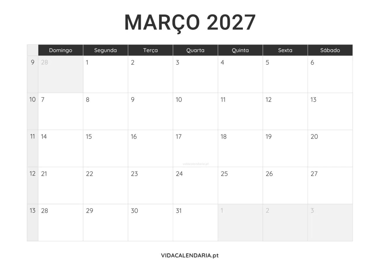 calendário março 2027 PDF para imprimir minimalista (Brasileiro)