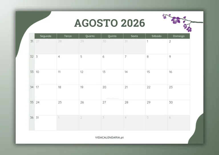 calendário mensal de agosto 2026 - design simples e floral