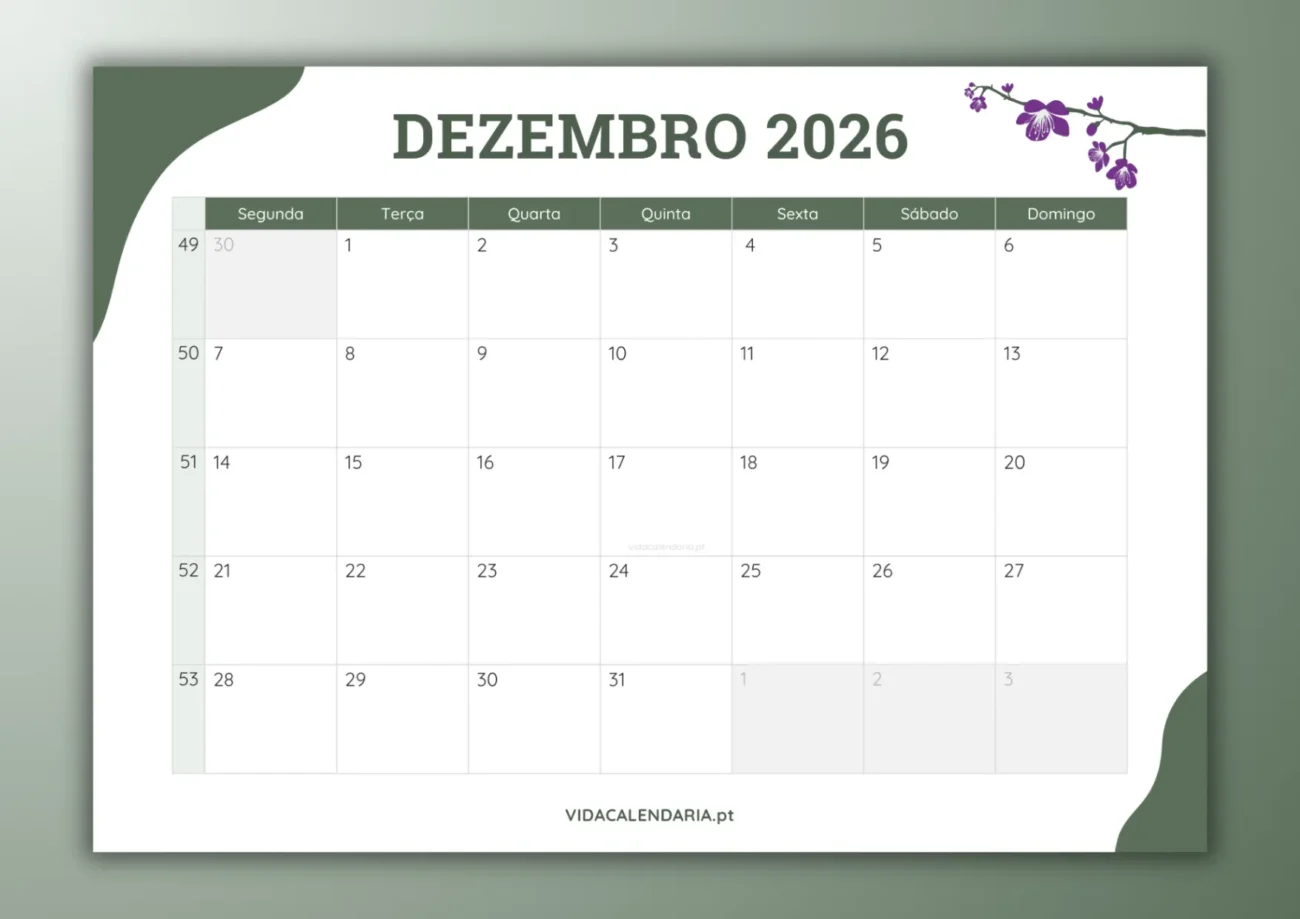 calendário mensal de dezembro 2026 - design simples e floral