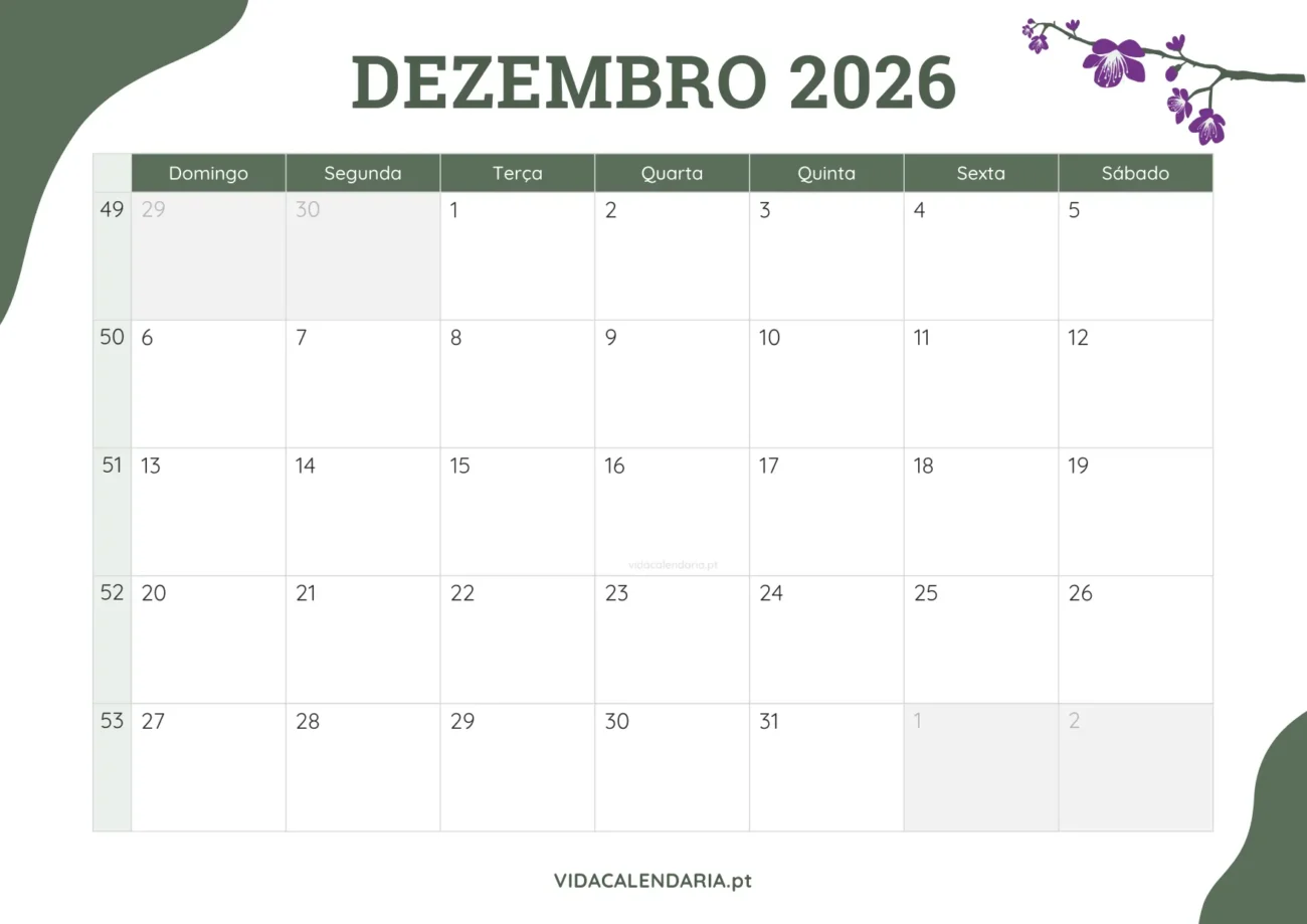 calendário mensal de dezembro 2026 grátis - design floral (Brasileiro)