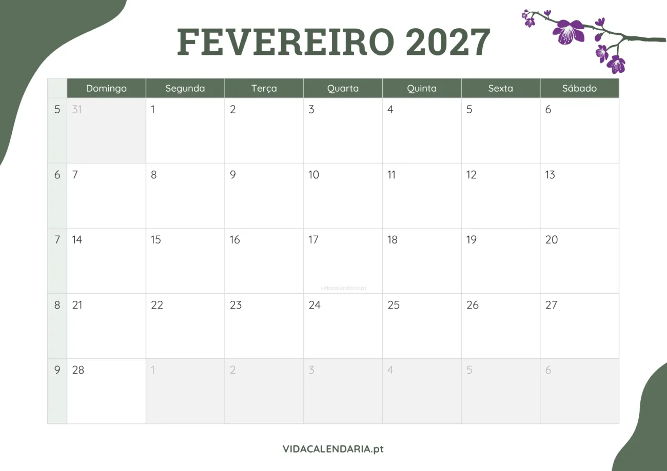 calendário mensal de fevereiro 2027 grátis - design floral (Brasileiro)