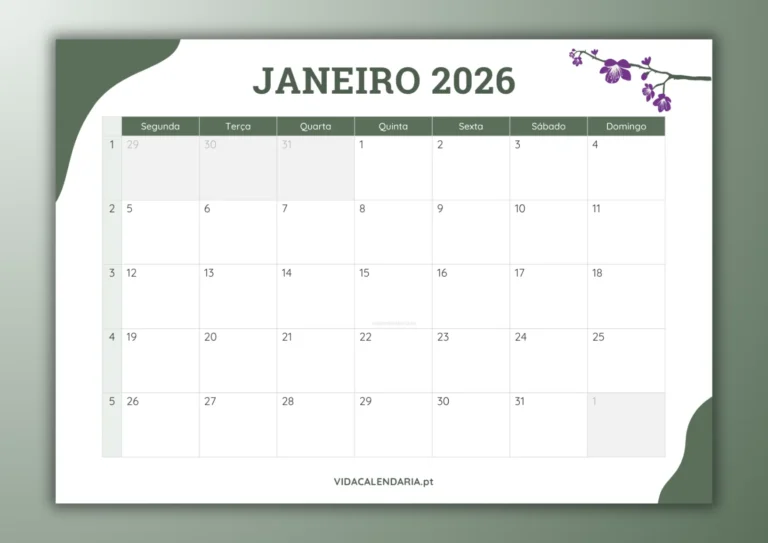 calendário mensal de janeiro 2026 - design simples e floral