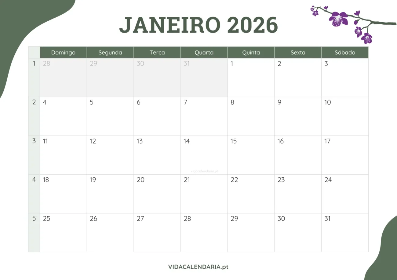 calendário mensal de janeiro 2026 grátis - design floral (Brasileiro)