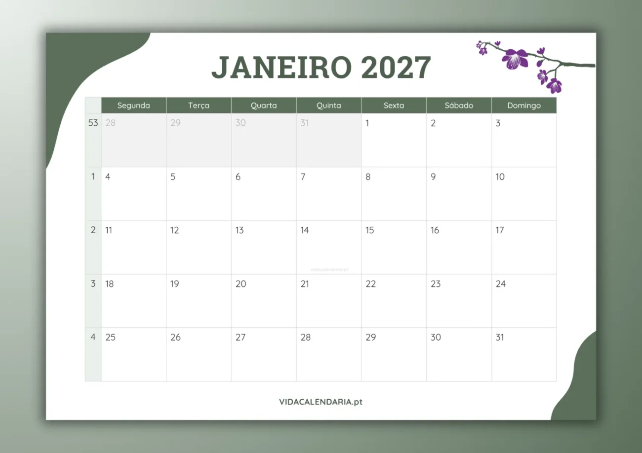 calendário mensal de janeiro 2027 - design simples e floral