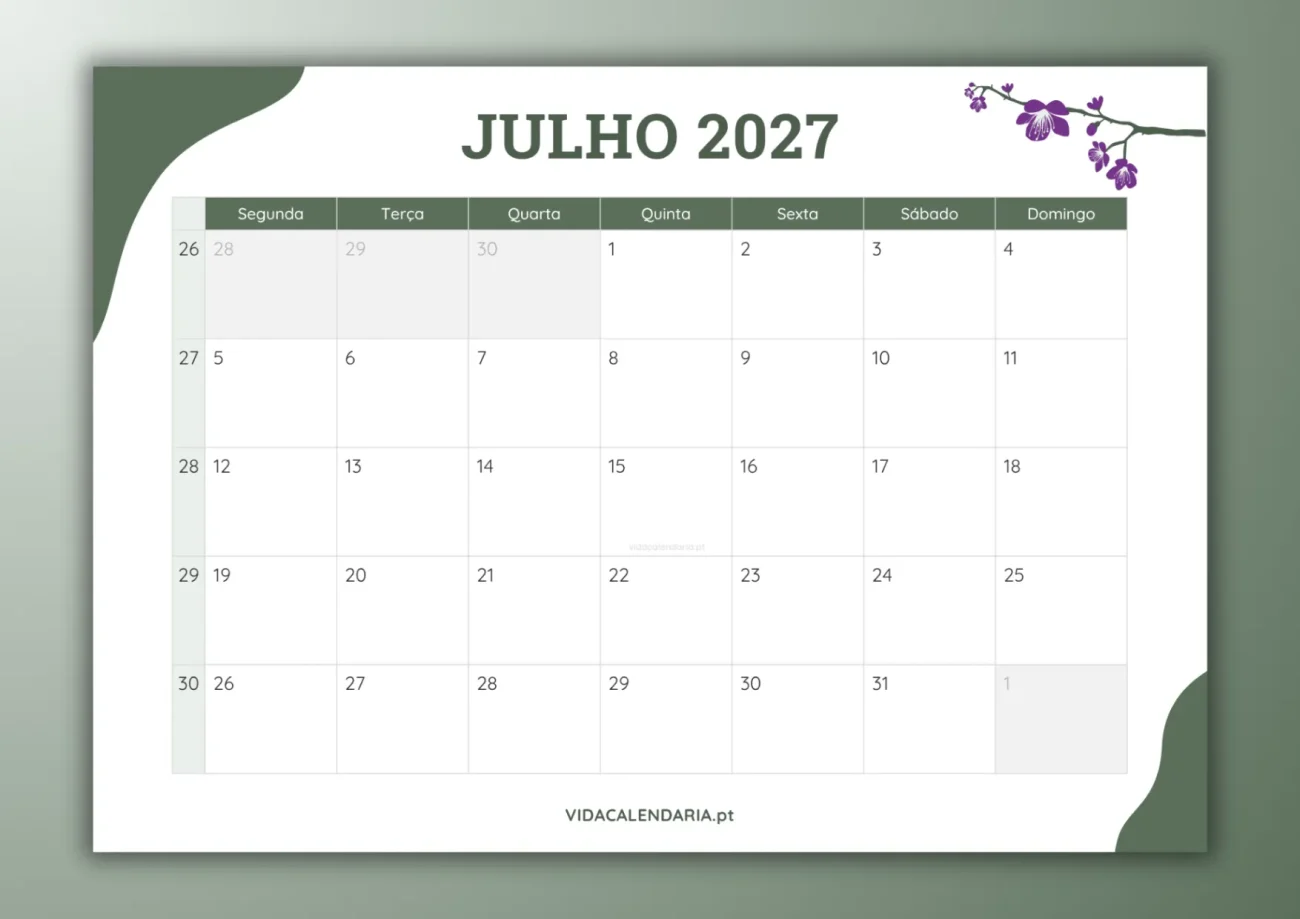 calendário mensal de julho 2027 - design simples e floral