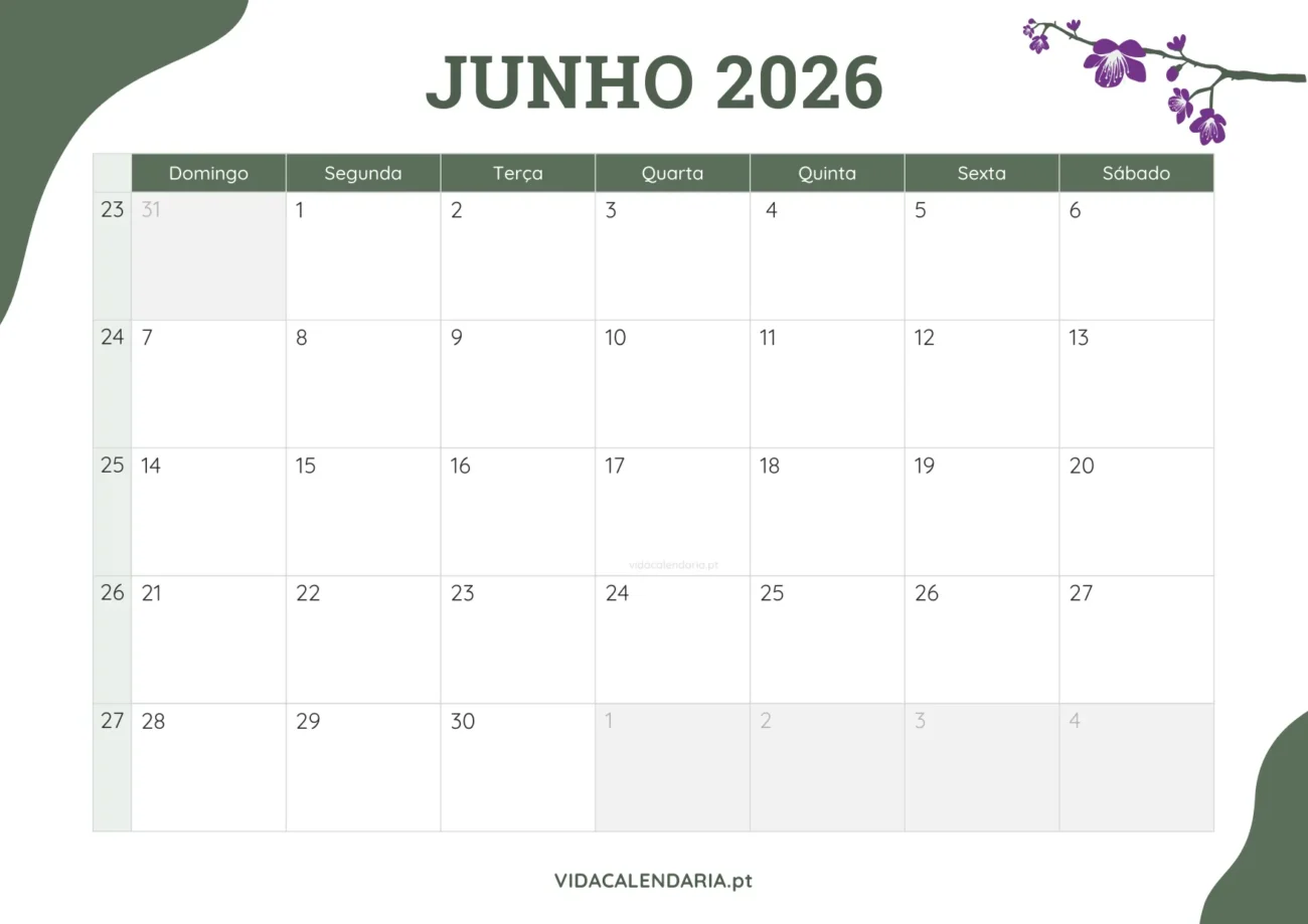 calendário mensal de junho 2026 grátis - design floral (Brasileiro)