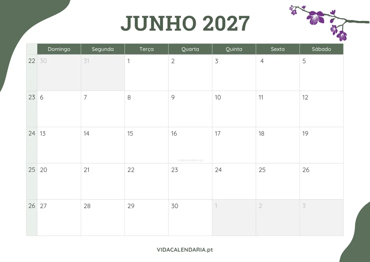 calendário mensal de junho 2027 grátis - design floral (Brasileiro)