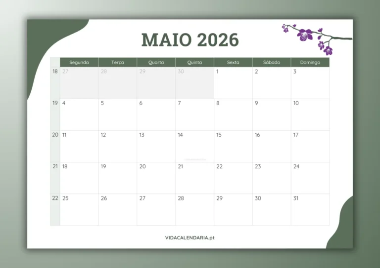 calendário mensal de maio 2026 - design simples e floral