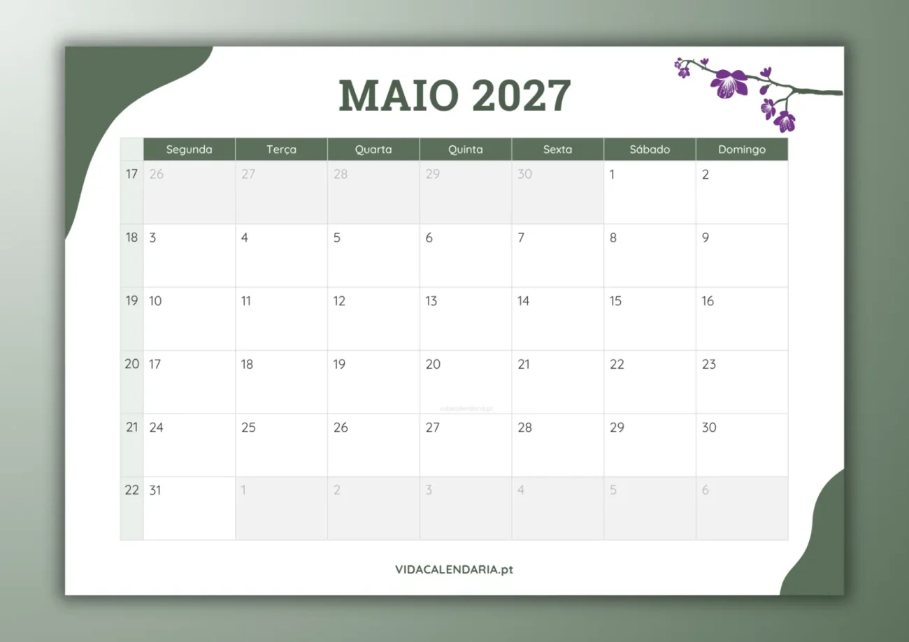 calendário mensal de maio 2027 - design simples e floral