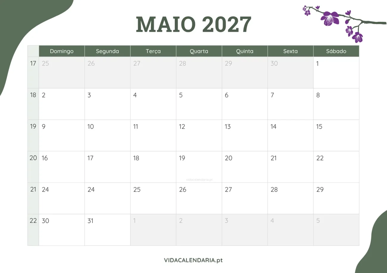 calendário mensal de maio 2027 grátis - design floral (Brasileiro)