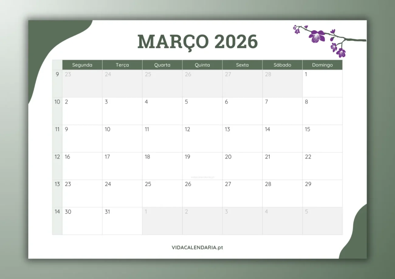 calendário mensal de março 2026 - design simples e floral