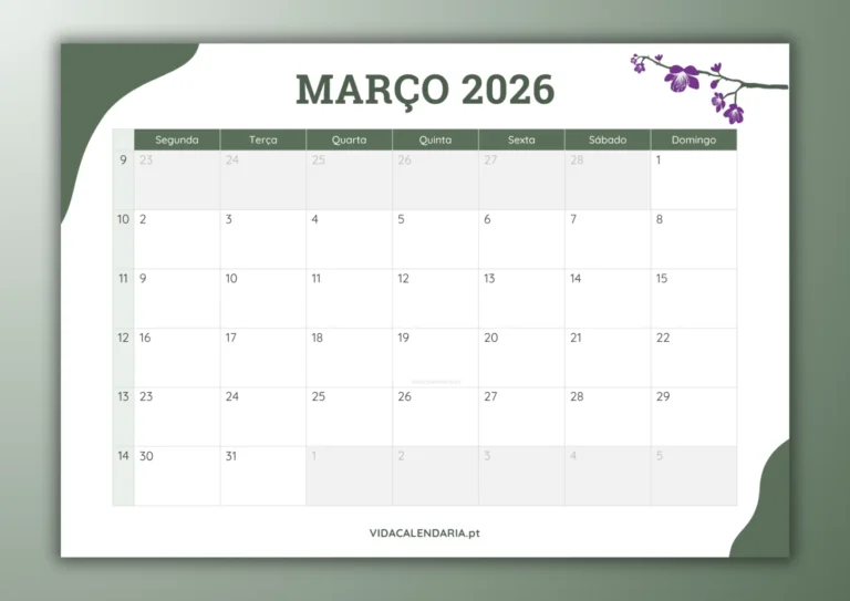calendário mensal de março 2026 - design simples e floral