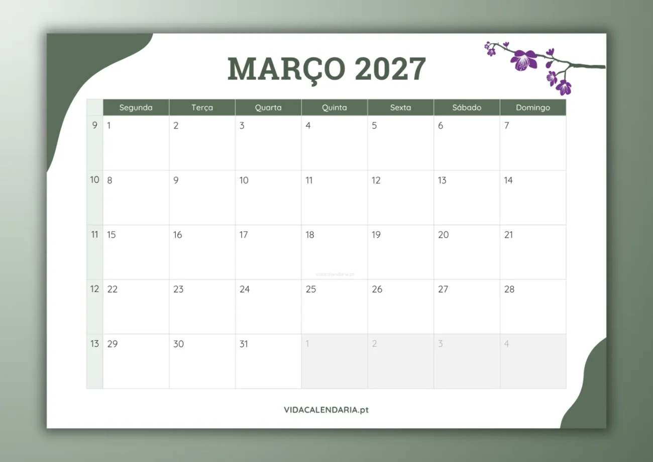 calendário mensal de março 2027 - design simples e floral