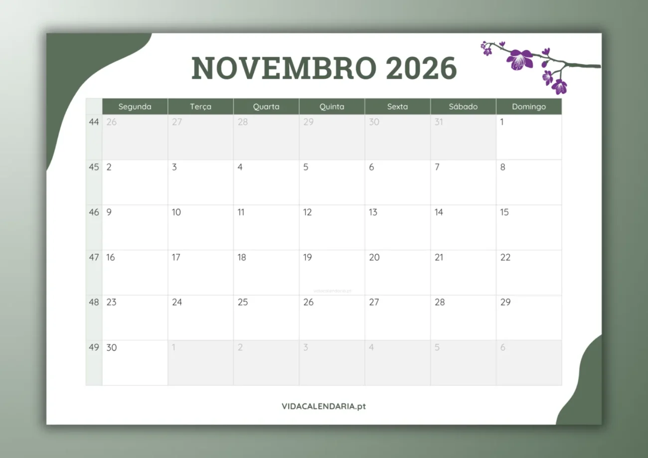 calendário mensal de novembro 2026 - design simples e floral