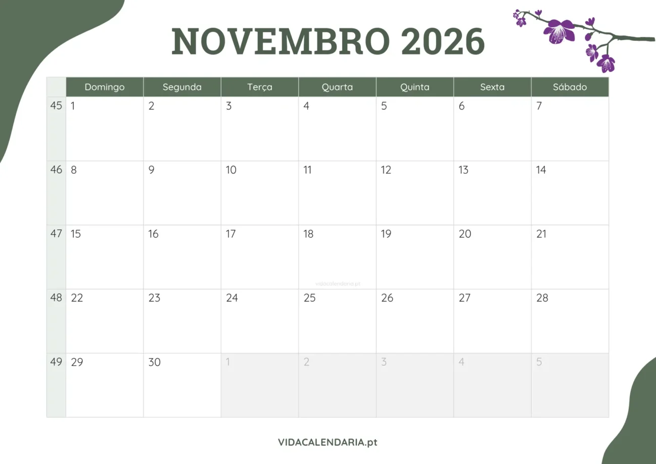 calendário mensal de novembro 2026 grátis - design floral (Brasileiro)