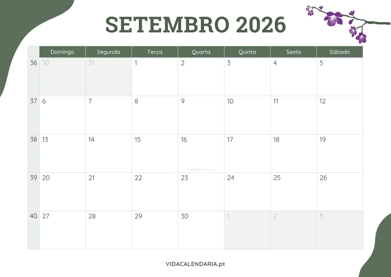 calendário mensal de setembro 2026 grátis - design floral (Brasileiro)