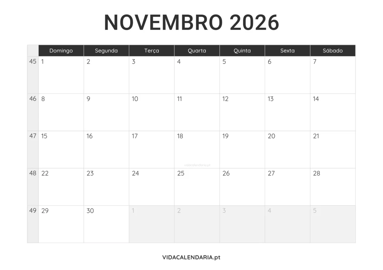 calendário novembro 2026 PDF para imprimir minimalista (Brasileiro)