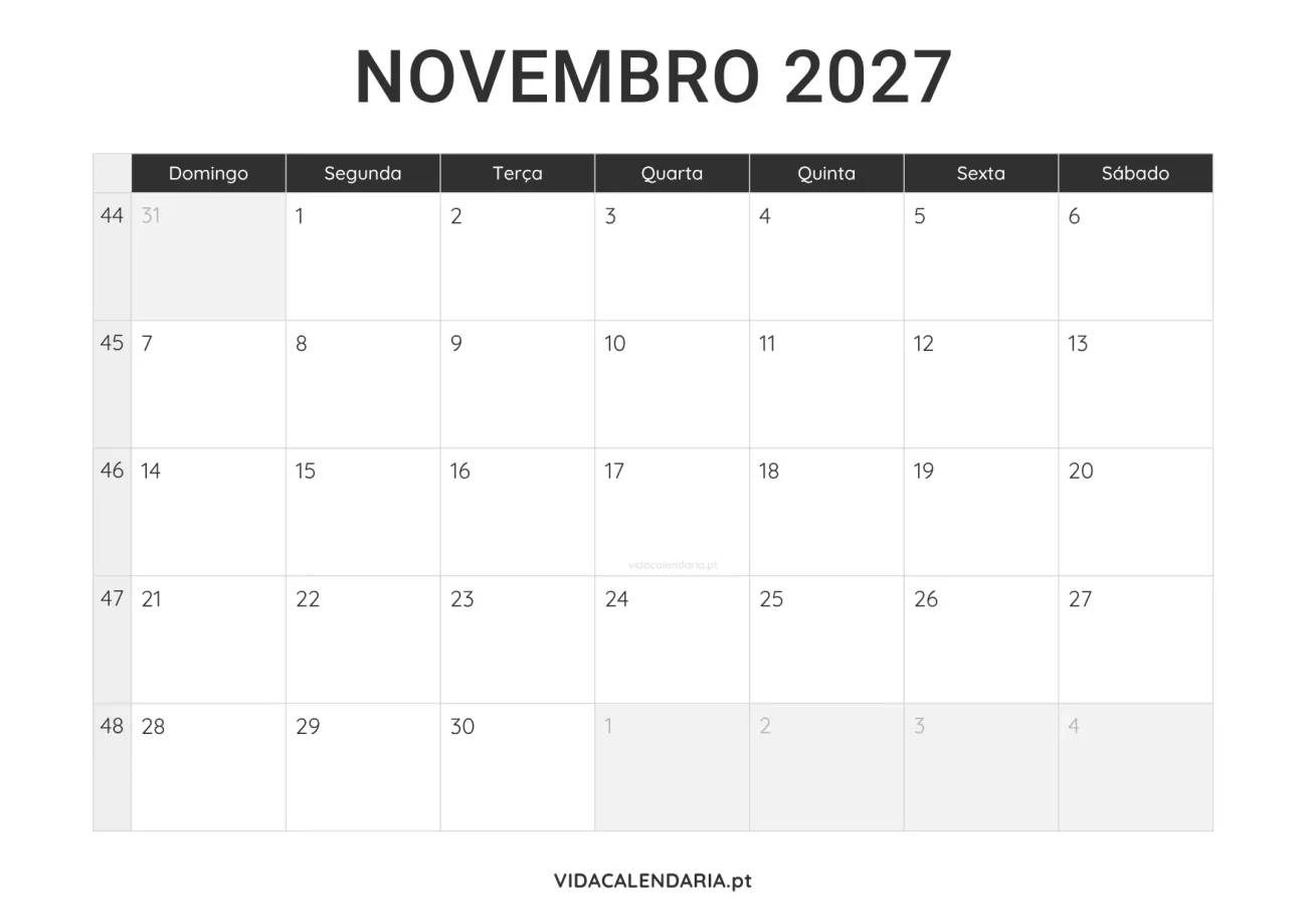 calendário novembro 2027 PDF para imprimir minimalista (Brasileiro)