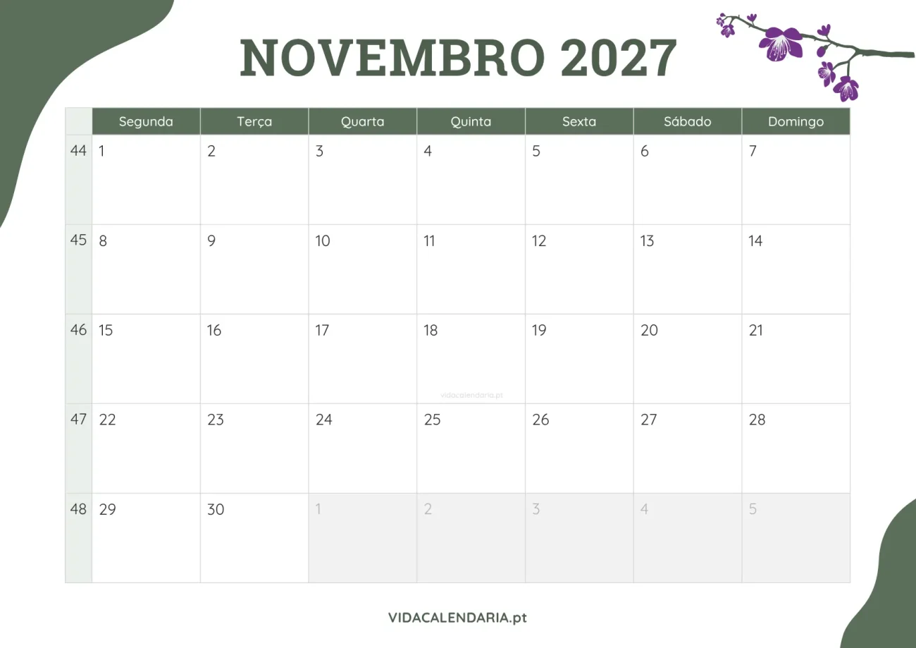 calendário novembro 2027 com design floral para impressão (Português)