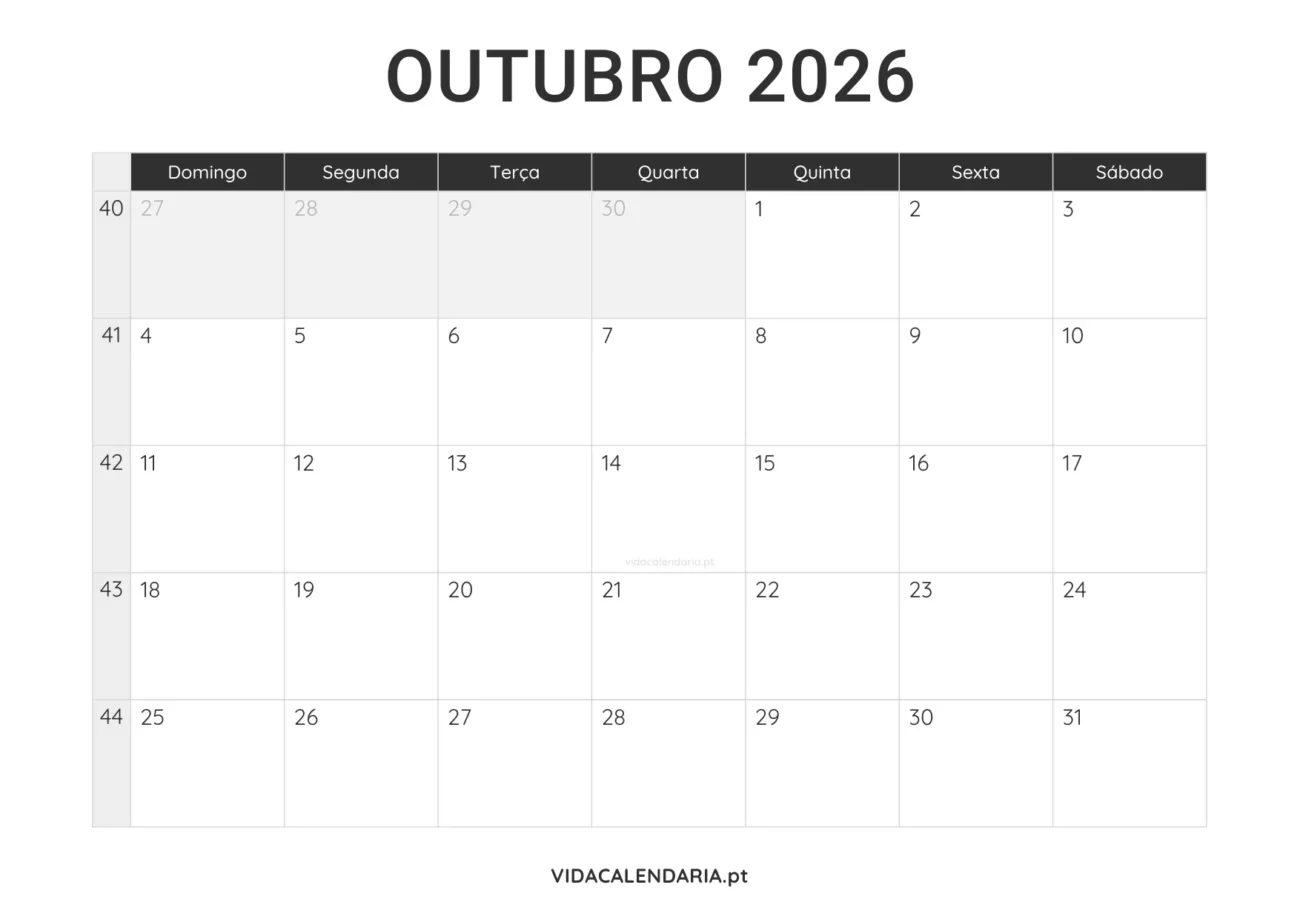 calendário outubro 2026 PDF para imprimir minimalista (Brasileiro)