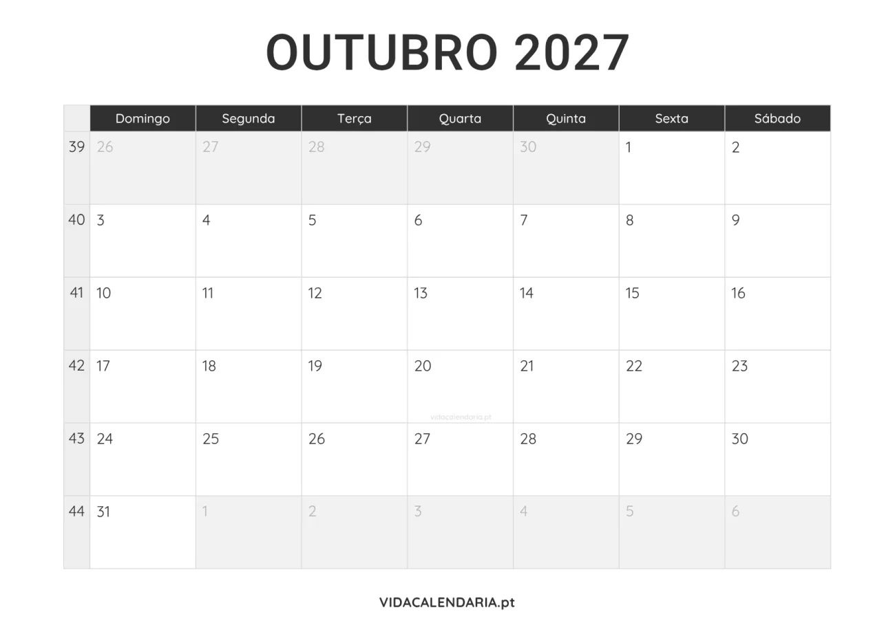 calendário outubro 2027 PDF para imprimir minimalista (Brasileiro)