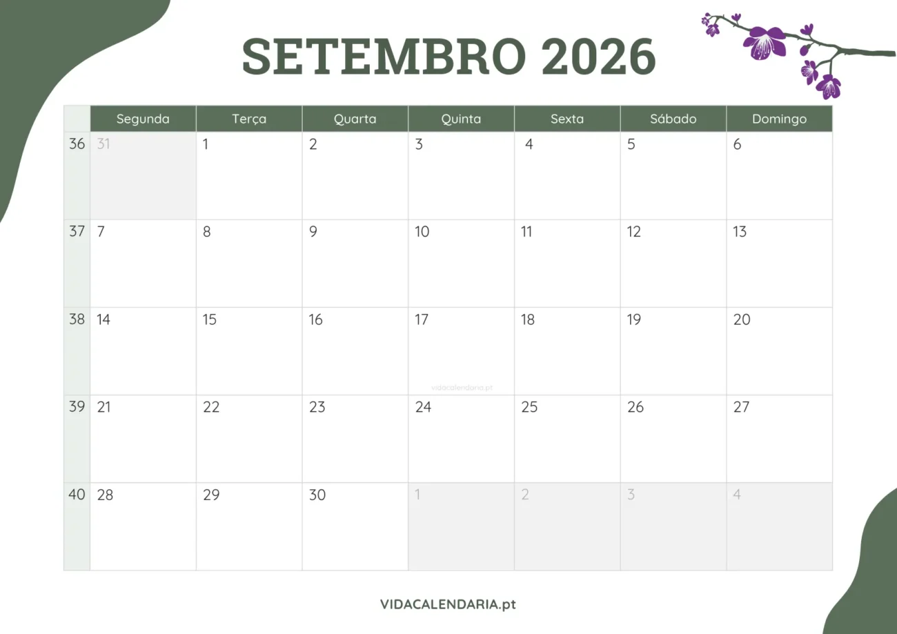 calendário setembro 2026 com design floral para impressão (Português)