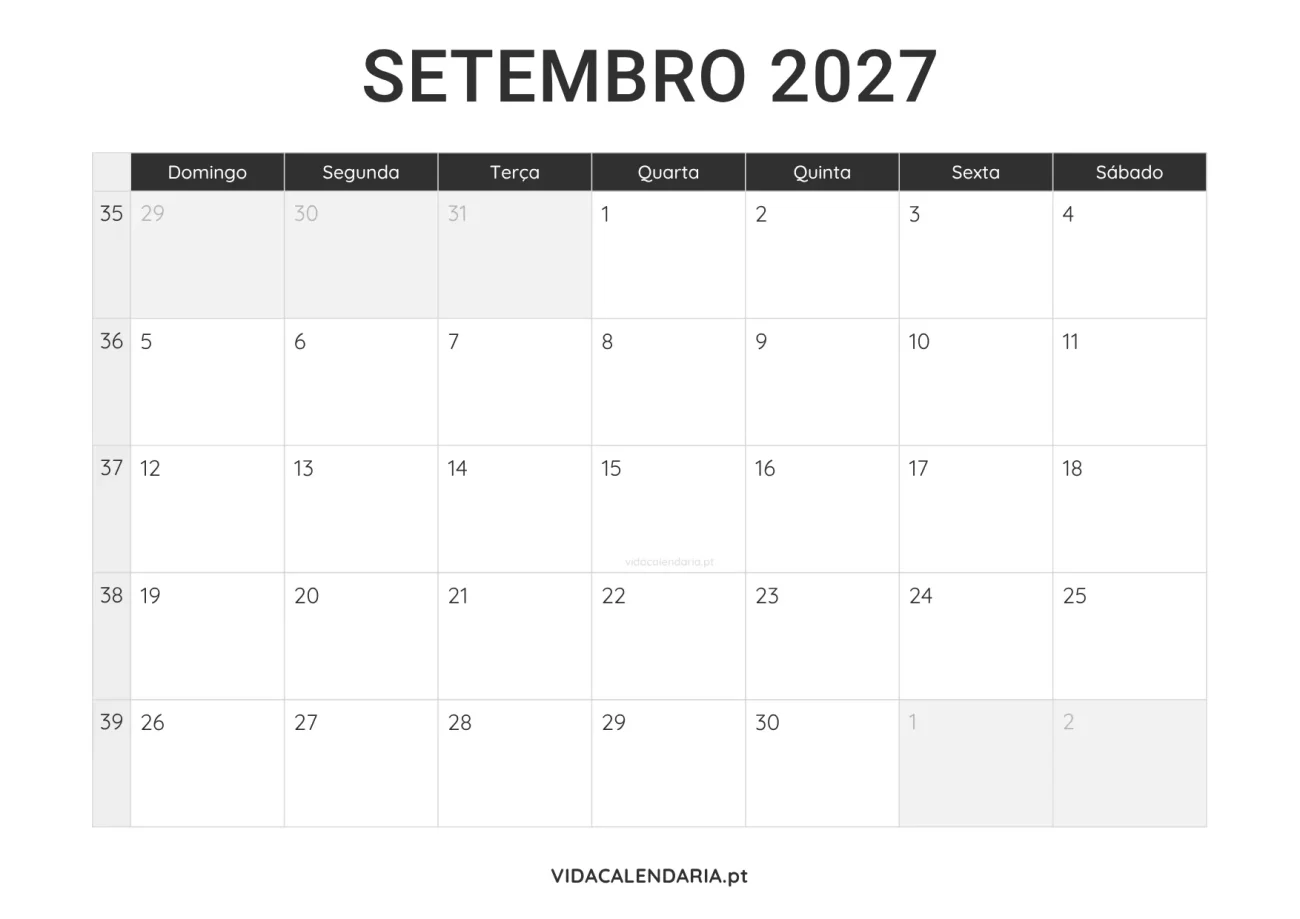 calendário setembro 2027 PDF para imprimir minimalista (Brasileiro)