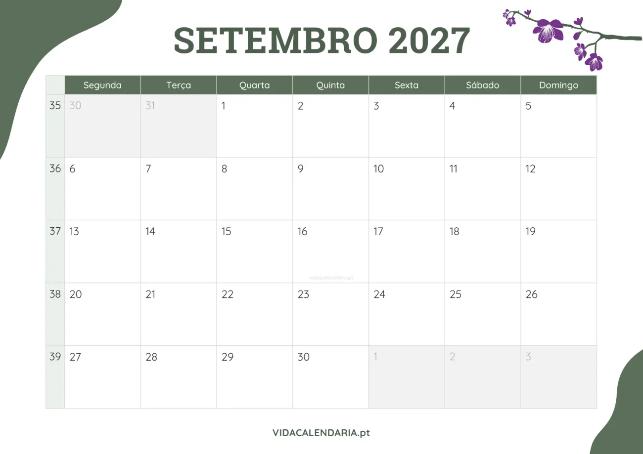 calendário setembro 2027 com design floral para impressão (Português)